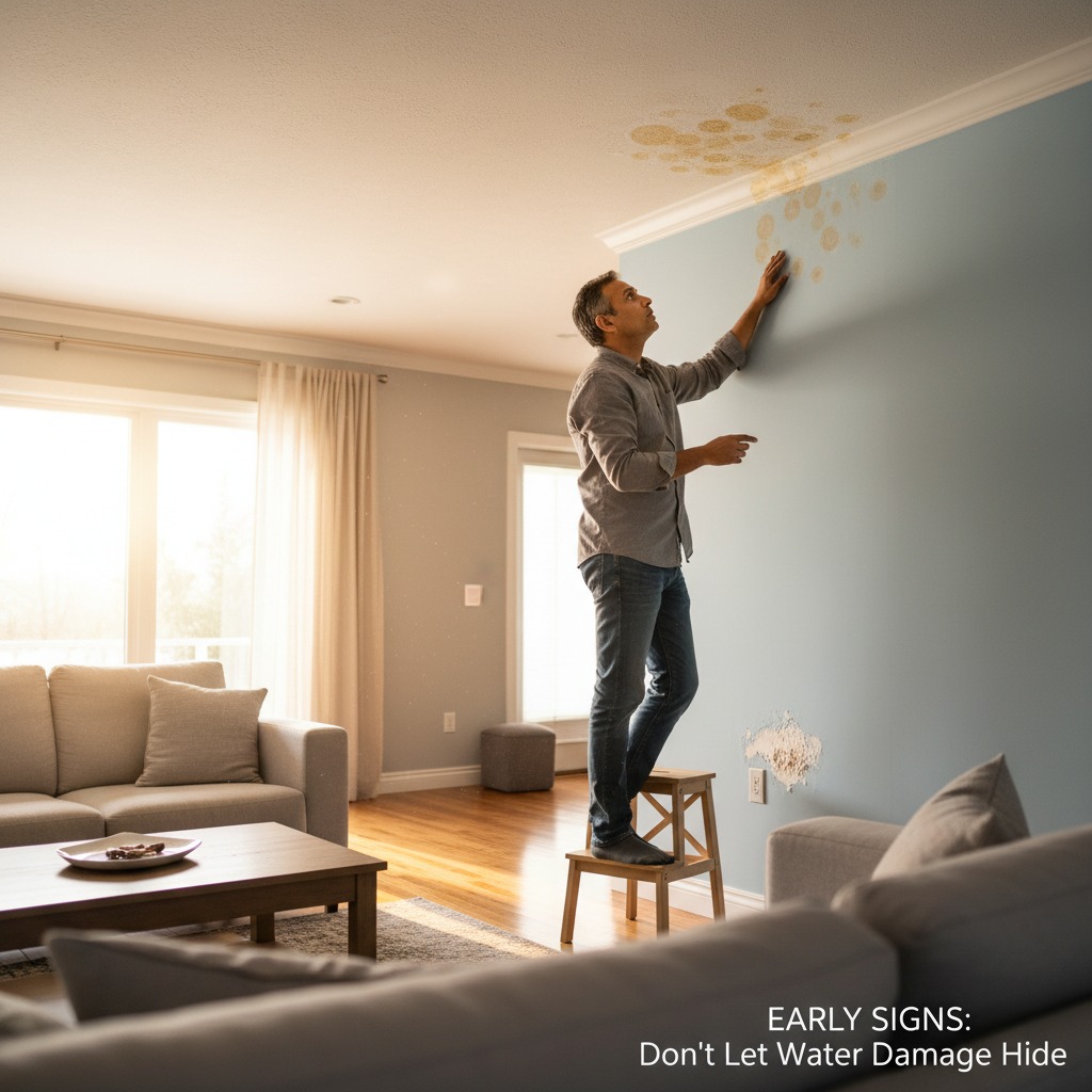 Homeowner inspecting a wall with subtle water stains and paint bubbling indicating hidden water damage