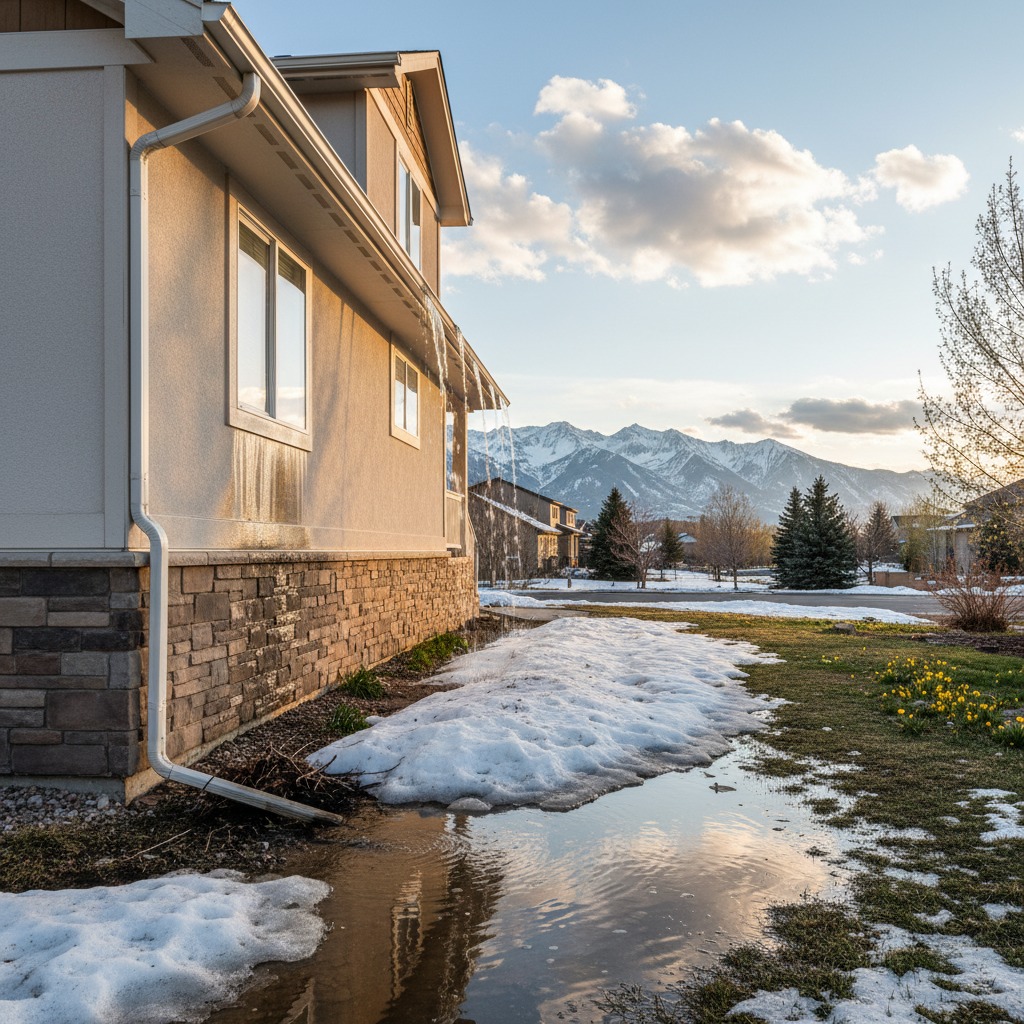 Utah home in spring with melting snow and water pooling near the foundation